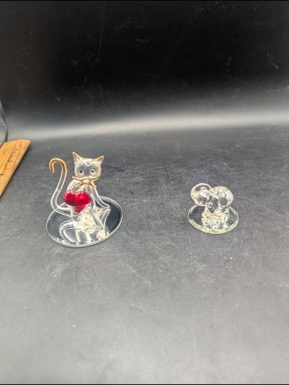 Lot Of 2 Glass Figurines On Small Mirrors Cat With Heart And Elephant.